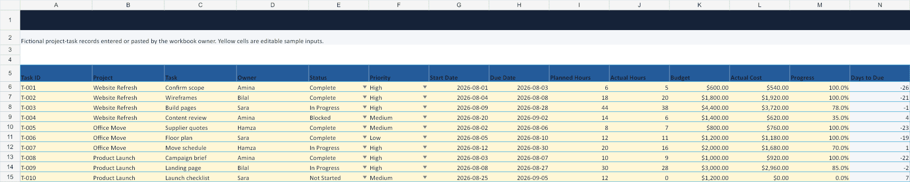 Project Management Dashboard Excel Template Tasks sheet preview